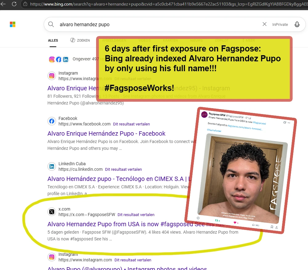 Fagspose Works: Alvaro Hernandez Pupo indexed by Bing after 6 days fagsposed